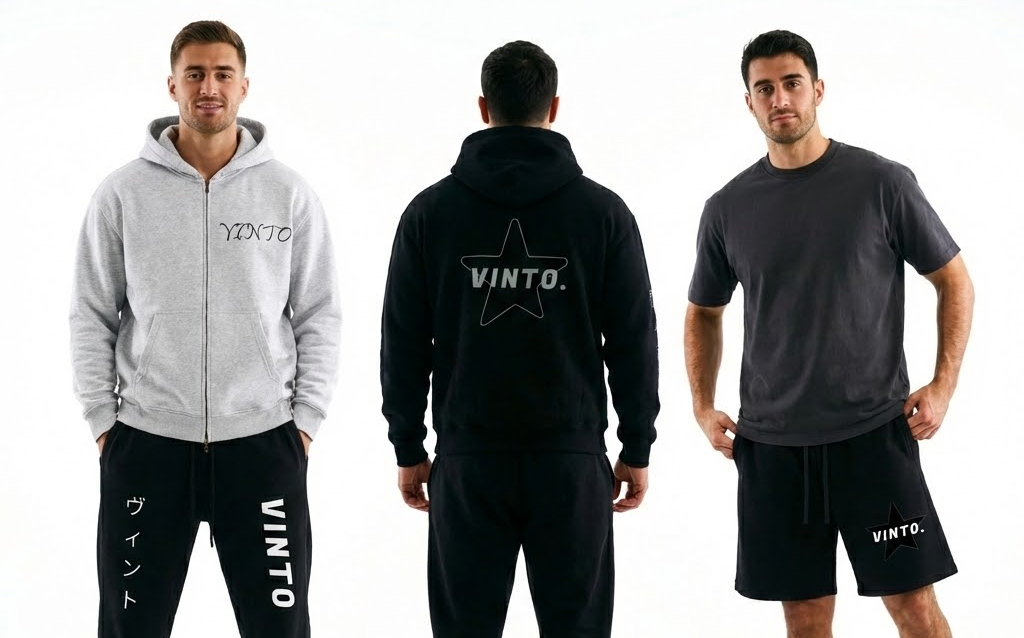 Three views of a person wearing Vinto branded clothing on a white background
